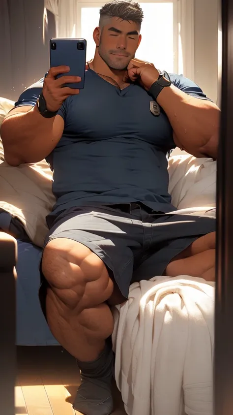 a mature korean male sitting and lounging on a couch, using his smartphone and he raise his another arm behind his head, looking at his smartphone, put his feet on the couch, tanned skin, (wear a fitted v-neck t-shirt in navy with a police badge:1.2), navy...