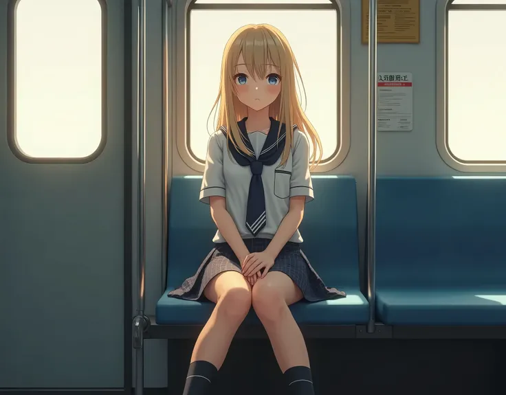 One Girl，(Very pretty high school girl:1.3)，masterpiece，Best Quality，High resolution，(((Photorealistic)))，RAW Photos，Ray Tracing，Physically Based Rendering，beautiful girl，(Age 15:1.4)，beautiful girl，(detailed pupils:1.2)，(sit in a train seat:1.3)，Sobu Line...