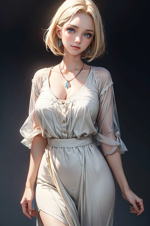 (masterpiece)), (((best quality))), 1 female, pale white skin, blonde hair, medium hair, bob hair style, beautiful woman, blue eyes, happy expression, bright smile, simple earrings, simple necklace, casual modest clothing, modern, big breasts, full body vi...