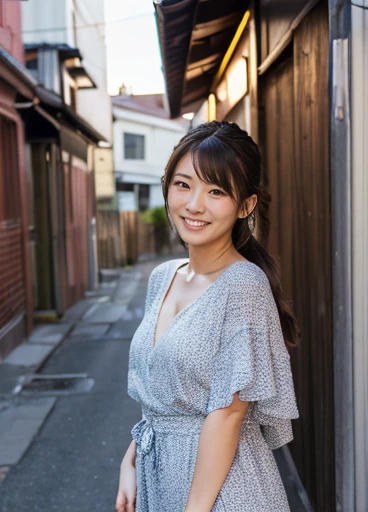 High-resolution images, Realistic eye size, Realistic skin, Droopy eyes, smile, Horny Japanese Housewife(Mister.々Feminine casual dress with simple pattern), (side), (Highly detailed realistic textured panties), Strong sunlight, Braiding, (Old-fashioned, sm...