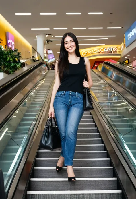 photorealism:1.2), The image shows a beautiful woman 30 year old standing on an escalator in a shopping mall. She is wearing a black top, blue jeans, and a black crossbody bag. She has long dark hair and is smiling at the camera. The escalator is made of g...