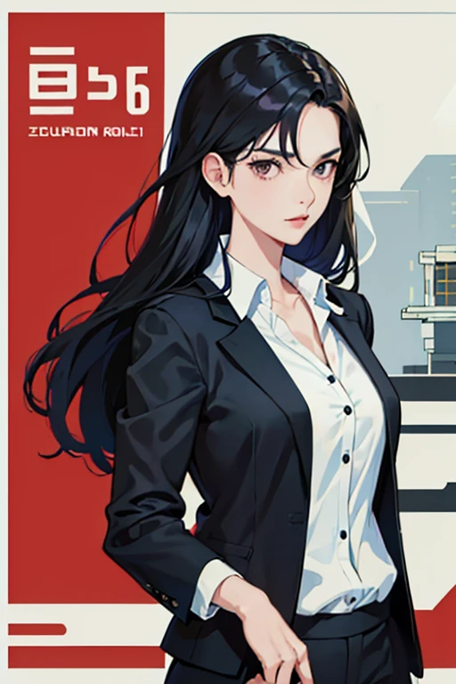 Woman, 25, Japanese, confident and charismatic woman, long straight black hair, wearing a stylish business casual outfit (blouse and blazer), slim build, expressive eyes, professional but approachable appearance, Anime Style, three sides, character sheet, ...