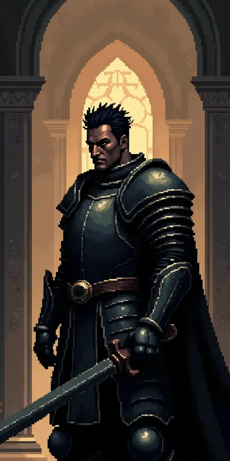 (Pixel art: 1.2), 1 large, muscular man, black skin, 4, black eyes, and short spiky black hair, wearing a full-body heavy medieval armor in black tones, covering the entire body, side view, show full body, visible lips and nose, Black background, serious e...