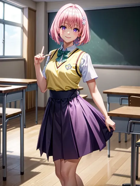 (Best Quality:1.1), (masterpiece:1.4), (Absurd:1.0), Portraiture,
One girl , hair ornament, Bobcut, Short Hair Pink Hair, purple eyes, Medium chest, Yellow Uniform, Black Skirt、looking at viewer, classroom, smile,type deviluke