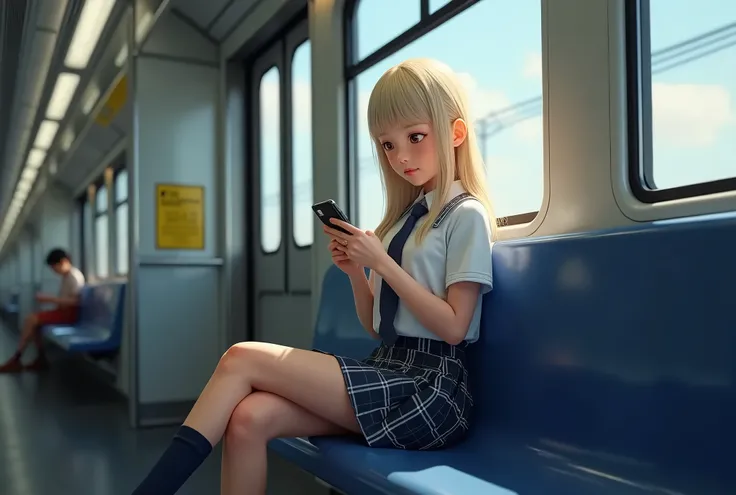 One Girl，(Very pretty high school girl:1.3)，masterpiece，Best Quality，High resolution，(((Photorealistic)))，RAW Photos，Ray Tracing，Physically Based Rendering，beautiful girl，(Age 15:1.4)，beautiful girl，(detailed pupils:1.2)，(sit in a train seat:1.3)，Sobu Line...