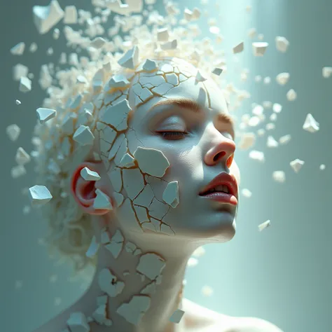 A delicate, hyperrealistic digital painting of a womans face, as if made of fine porcelain, cracking and shattering into countless fragments. The shards of her face are suspended in a beam of light, revealing intricate details of her anatomy. The overall t...