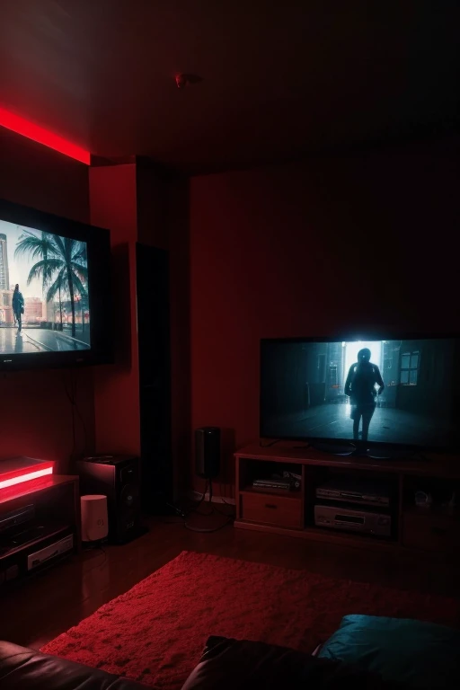 apartment cinema, night, raining, red lighting, shadows, dramatic lighting, television screen, dystopian, palm tree