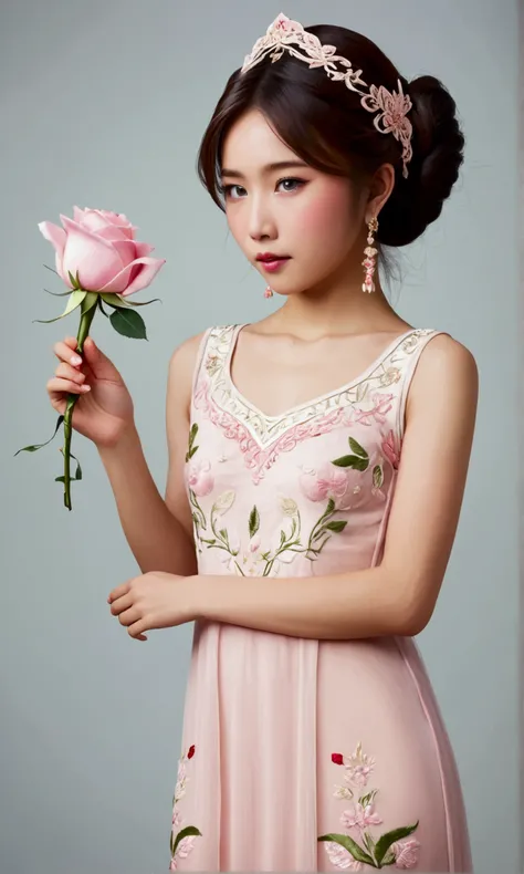 A cute yuna (age 25, fancy hairstyle, nice airy pink dress intricate embroidery, no underwear), calm expression, posing holding a rose, white photo studio, show her head to toe
