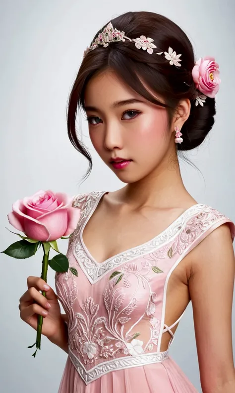 A cute yuna (age 25, fancy hairstyle, nice airy pink dress intricate embroidery, no underwear), calm expression, posing holding a rose, white photo studio, show her head to toe
