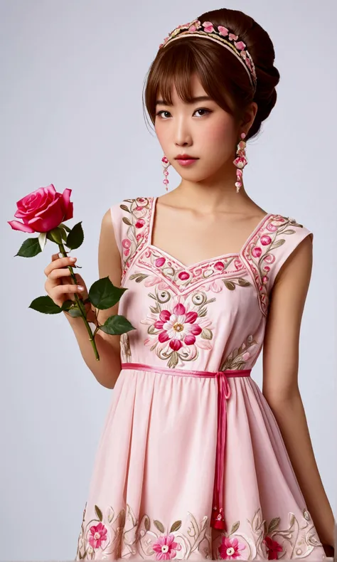 A cute yuna (age 25, fancy hairstyle, nice airy pink dress intricate embroidery, no underwear), calm expression, posing holding a rose, white photo studio, show her head to toe
