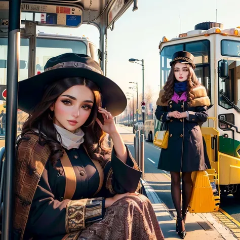 An Arafat woman in a coat and hat sits on a bench in front of a trolleybus, beautiful model, beautiful model girl, nice woman, sweet girl, beautiful girl model, Photography Portrait 4K, , Attractive girl, gorgeous woman, , Girl with brown hair, trending 5 ...