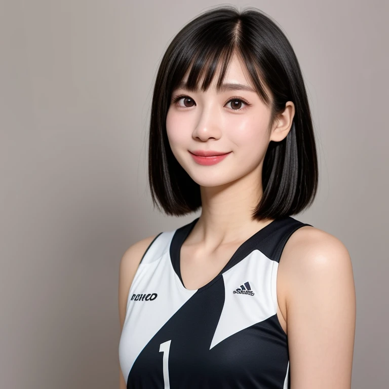 (kawaii 24 year-old volleyball player, Japanese girl, Nogizaka idol, Korean idol), healthy female athlete body, (glossy black hair, very short hair, pixie cut, bangs:1.3), (rounded face, beautiful black eyes, single eyelid, no makeup:1.2), (feel at home, r...