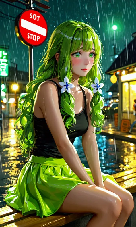 cute yuna (age 25, long hair green, tank top lime green, shiny mini skirt lime, neon green makeup, nervous) she is sitting along in a lit bus stop on a dreary rainy night, Bangkok, reflections