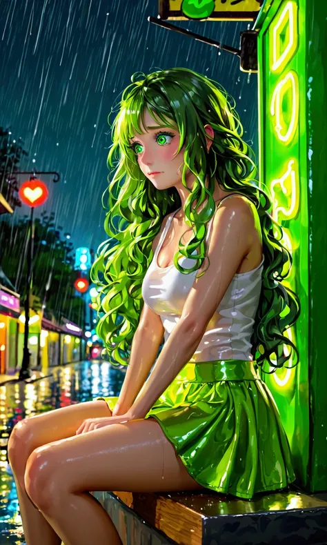 cute yuna (age 25, long hair green, tank top lime green, shiny mini skirt lime, neon green makeup, nervous) she is sitting along in a lit bus stop on a dreary rainy night, Bangkok, reflections