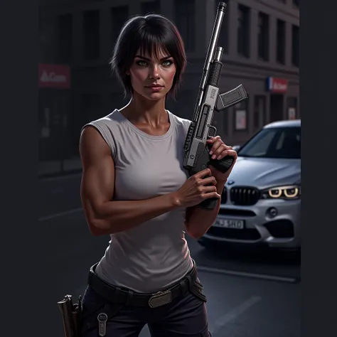 Photoреалистичная, Ultra-HD, 16 thousand., complex details, maximum detail, american cartoon, video game, woman 40 years old mature mommy, without makeup, sinewy, Muscular body, big breasts, bright green eyes,  short haircut, a white army sleeveless T-shir...