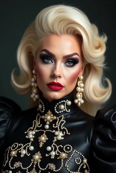 Blonde female drag queen, professional photo studio 8k, extravagant hair, Extravagant Makeup.perfect eyes. high fashion, haute couture, Glamour, luxury, pearly stones, extravagant black leather dress, pearl threads, pearl and rhinestone embroideryelegant f...