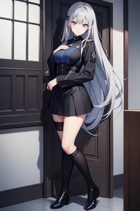 One Woman、Gray Hair、Gothic Clothing、Wearing a skirt、uniform、Sexy Costumes、Clothes that expose a lot of skin、Blue Eyes、Long Hair、Beauty、Looking Down、Black knee-highs