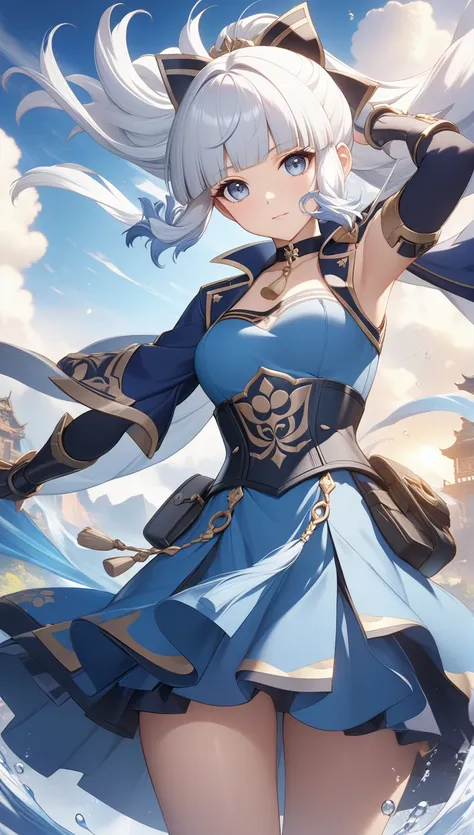 Anime girl with white hair and a blue dress flying in the sky, Highly detailed official artwork, anime art wallpaper 8k, Highly detailed ArtGerm, artstation pixivでトレンド, anime art wallpaper 4k, anime art wallpaper 4k, Splash art anime , Ayaka Genshin Impact...