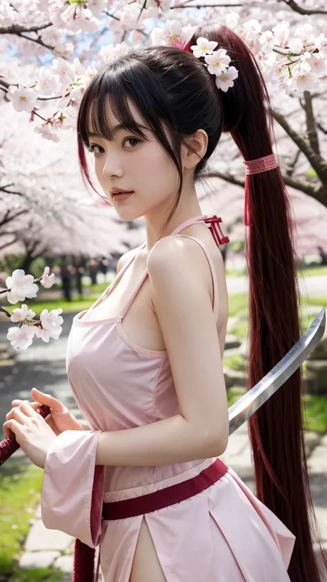 Under the cherry blossom trees,a beautiful japanese woman,Pink Bangs Single Ponytail Long Hair,Large Breasts,Wearing a miko costume,wielding a katana,brandish sword light,cherry blossoms falling