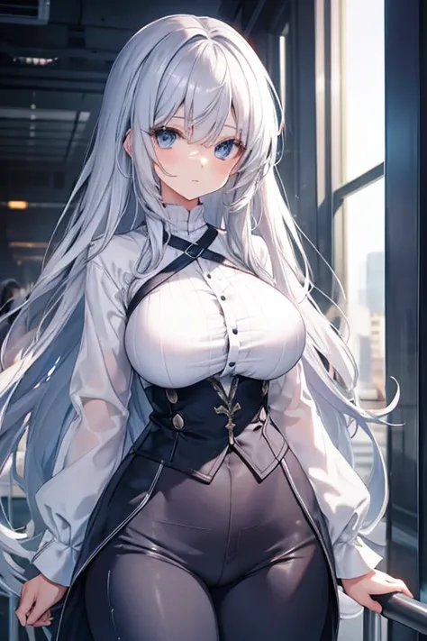 Silver hair Blue eyes Tall Big breasts Long hair Girl Shirt and long pants