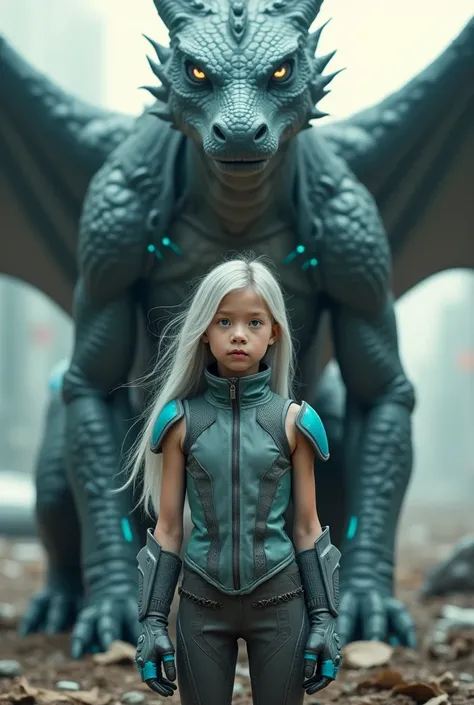 Award-winning, high-resolution, Masterpiece, Hyperrealism, of a young girl with long, light gray hair and bright blue eyes, standing in front of a large, imposing creature that resembles a dragon. The girl has a gentle expression, with her hands clasped to...