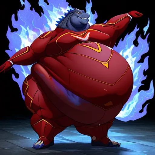 (solo:1.3) fat muscular (godzilla:1.3), (cocky grin:1.4), (emitting violet-blue flames:1.6), (elegant red superhero suit:1.8) (armored suit:1.6), (obese belly:1.8), (hands lifted up:1.3), (legs spread:1.5), (bedroom:1.5) (standing on floor:1.4), 8k, 1080P,...