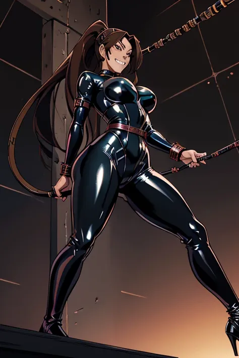 1 woman、(((black shiny latex bondage suit)))、(from below:1.3)、 brown hair, brown eyes, long and high ponytail, hair band,  1 person、2, japanese mature woman, beautiful fingers, beautiful long legs, beautiful body, beautiful nose, beautiful character design...