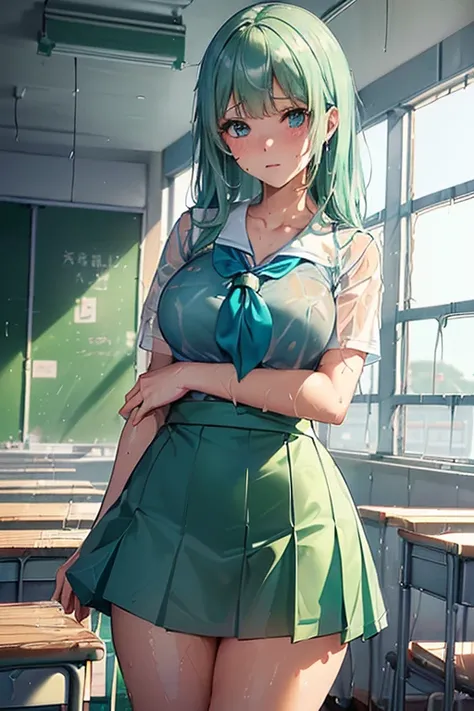 Masterpiece (woman,The facial expression is accurate,Anime style face,Greenish blue eyes ) Group ((((Location: School classroom)))) ((((The location is a school in the water)))) ((((womanは授業を受けている)))) 8k((((High school girl)))) 8k(((((Wet))))) ((Staring at...