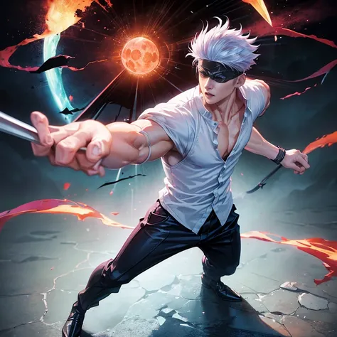 (white hair:1.2), black blindfold, wearing (( white undershirt,Soulcalibur Clothes)), ( 1boy:1.2), unity dynamism, absurdres, , mature male, , muscular male, solo, game character, anime style, handsome, Battle Mage doing his signature Pose for the camera, ...