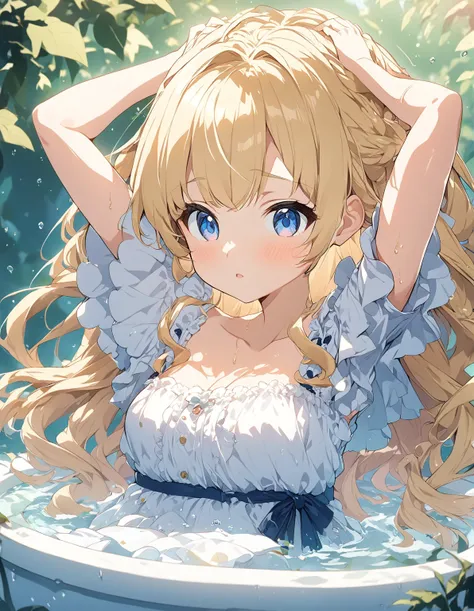 Anime girl taking a bath with her hands on her head, Splash Art Anime , Enchanting anime girl, , dress, Beautiful Anime Girls, Cute Anime Girl, Cute Anime Girl, , Beautiful detailed anime art, Gwaiz, Top rated on pixiv, Blonde long hair anime girl、Ultra-hi...