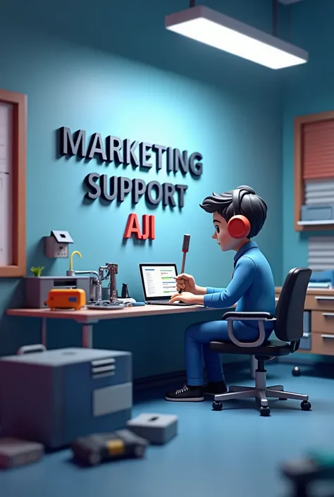 3D Animation Good Technical Room with big text "Marketing Support AJI" in the wall With a technichian in front of the laptop and beside many part hold the screw driver for repair broken mini printer