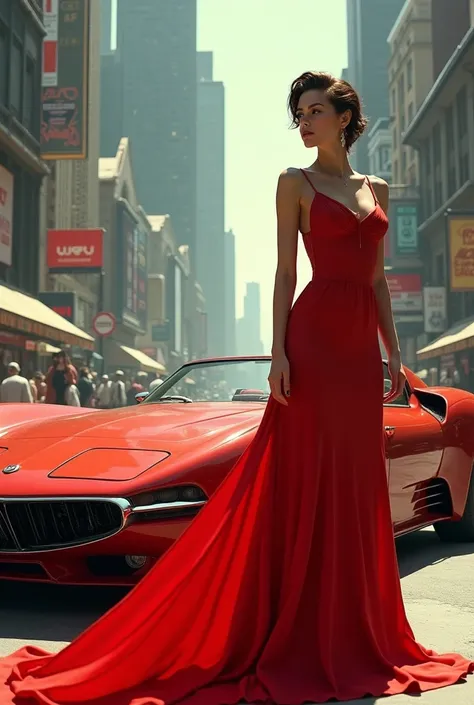 araffe woman in red dress standing next to a sports car on a city street, in a futuristic city, retro futuristic style, inspired by Syd Mead, in style of syd mead, futuristic street, retro futuristic, in cyberpunk city, futuristic dieselpunk street, syd me...