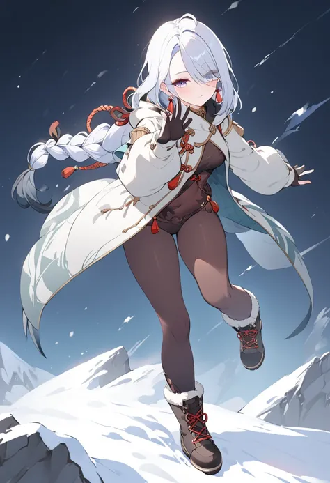 a woman climbing a snowy mountain, thick winter clothes, hooded parka, thick gloves, sturdy snow boots, frost patterns on fabric, layered look, warm and cozy, detailed facial features, , 8k, high quality, concept art, dynamic pose, shenhe, blue eyes, braid...