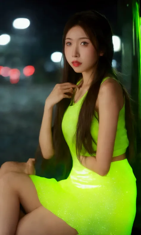 cute yuna (age 25, long hair green, tank top lime green, shiny mini skirt lime, neon green makeup, nervous) she is sitting along in a lit coveredbus stop on a dreary rainy night, Bangkok, reflections
