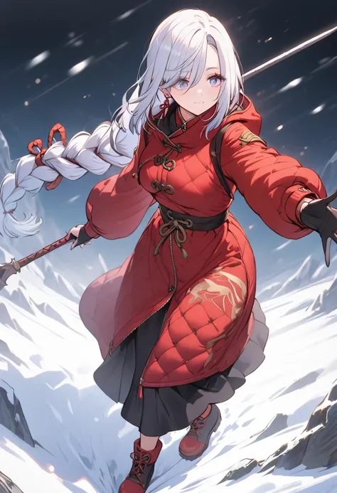 a woman climbing a snowy mountain, thick winter clothes, hooded parka, thick gloves, sturdy snow boots, frost patterns on fabric, layered look, warm and cozy, detailed facial features, , 8k, high quality, concept art, dynamic pose, shenhe, blue eyes, braid...