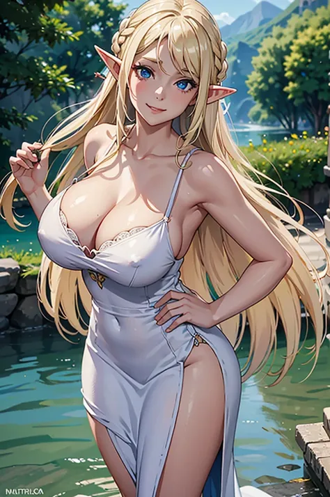 best quality, 8k, very delicate and beautiful, highly detailed face and skin texture, shiny skin, high resolution, huge tits sexy long blond hair elf girl in white long dress standing at river with huge smile, sharp focus