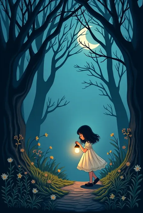 (((masterpiece))),Best quality, Illustration, girl,3d,cartoon,Tim Burton Style,lost in a forest at night,wearing a white lace nightgown ,carrying a lamp in his hand,Paper_cut-in, 