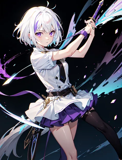 colorful, 1girl, white hair, purple eyes, dual wielding, sword, holding sword, blue flames, glow, glowing weapon, light particles, wallpaper, chromatic aberration,Too much exposed skin、skirt、Black knee-highs、The whole body is visible