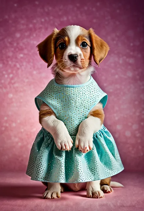 Puppy standing from the front wearing a dress