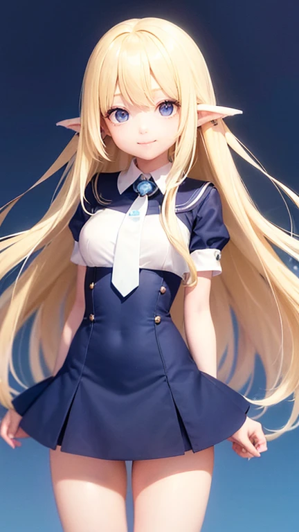 very cute girl、、light yellow hair、long straight hair、Bangs are too close to the eye、Light Blue Eye、(normal ears)、thin arms、Beautiful body、slim legs、big eyes、large, well-shaped breasts,、clear white skin、smile、(school uniform、uniform white and blue)、Rose Gar...