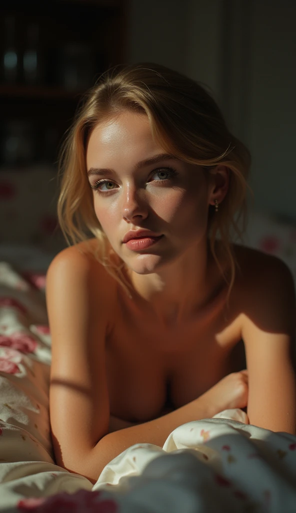 blonde girl in bed, silk rose sheets, night, nude,naked, sexual position, hourglass figure, sensual, selfie, detailed face, beautiful detailed eyes, beautiful detailed lips, extremely detailed eyes and face, long eyelashes, natural lighting, chiaroscuro, c...