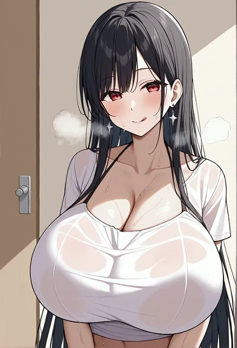 long black hair、red eyes、tsukuyomi minato, sexy oversized t-shirt、no underwear、underbust, super huge breasts,shoulders stick out...