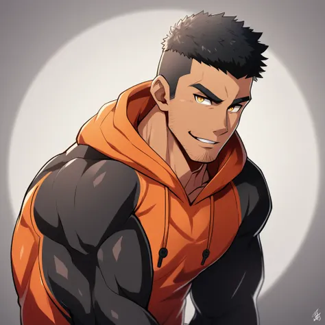 anime characters：Gyee, Young Muscle Sports Teacher, negro black skin, Manliness, male focus, Dark red long-sleeved hooded sweatshirt, Very tight, muscular male, muscular, only, Upper body, alone, Black short hair, Thick eyebrows, stubble, Yellow eyes, Grey...