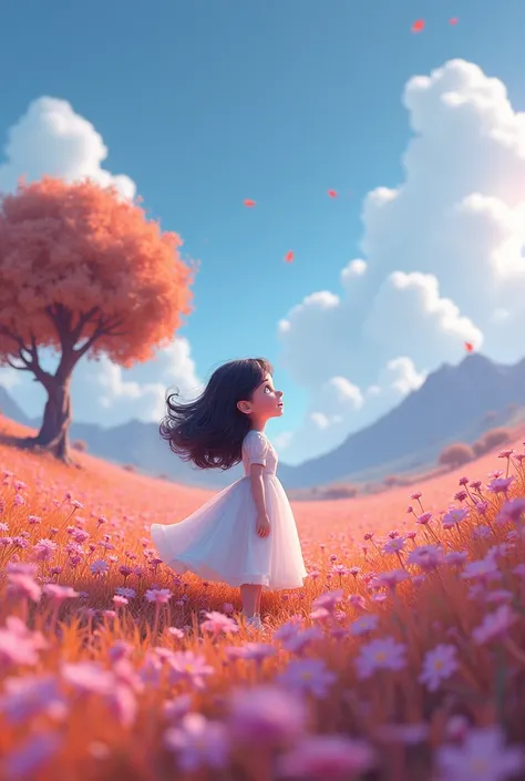 one ((1 girl)) 3d,cartoon,Tim Burton Style,wears a flowing white dress, standing in a field of flowers looking up, bright sunny day (clouds:1.2), distant mountain, tree breaking art production, lot of purple and orange, intricate details, volumetric lighti...