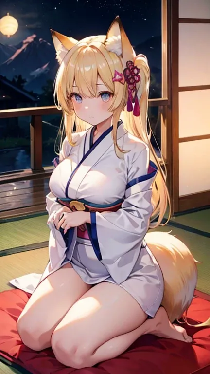 female up,Tatami room,Lantern,Moonlit Night,seiza,Toned body,Blonde,Long Hair,Golden Eyes,,Fox ears,Fox tail,Fox Mask,Large Breasts,Gorgeous kimono,hairpin