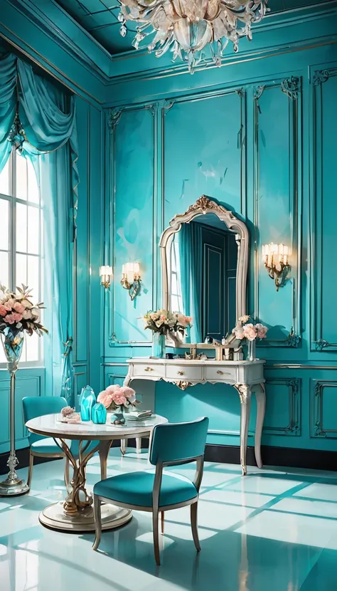 fusion of watercolor and acrylic paintings, eye-catching and attractive high heels, BREAK everything is made by Tiffany, the room, the full-length mirror, the chairs, the outfits, the decorations, the accessories, BREAK background transparent glass iridesc...