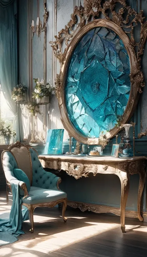 fusion of watercolor and acrylic paintings, eye-catching and attractive high heels, BREAK everything is made by Tiffany, the room, the full-length mirror, the chairs, the outfits, the decorations, the accessories, BREAK background transparent glass iridesc...