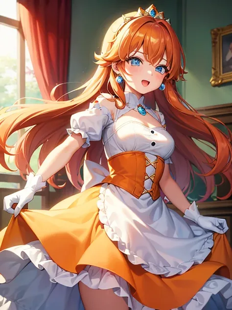 (masterpiece, Best Quality), One girl,   princess Daisy, blue eyes, Long Hair, Orange Hair, Crown, Daisy, dress, flower, gem, gloves, orange dress, puffy Short sleeve, Puffy sleeves, Short sleeve, White gloves,