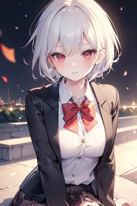 ((masterpiece, best quality, highres, UHD, perfect pixel, depth of field, 4k, RTX, HDR))), 1girl, single, solo, beautiful anime girl, beautiful artstyle, anime character, ((short hair, bangs, gray hair,  straight hair:0.8)), ((red eyes:1.4, rounded eyes, b...