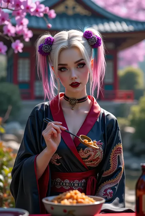 Cinematic image of Harley Quinn with pink and blue geisha colored hair with a bun in her hair and a beautiful purple orchid hair clip. She is well made up with black lipstick and black eyes and eyeshadow and is wearing a black and red silk kimono with a dr...